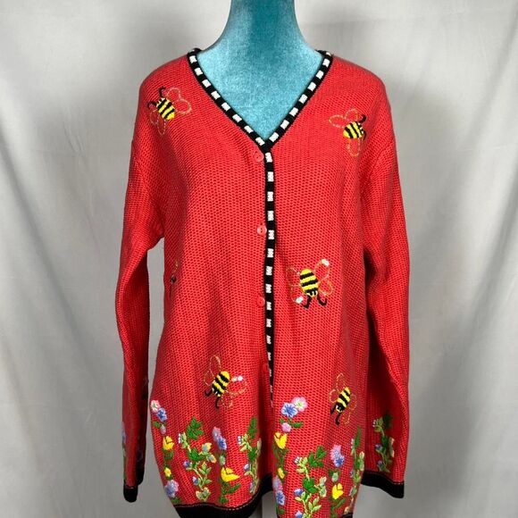 Vintage The Quacker Factory Embroidered Bee & Floral Cardigan (Size M) - Picture 1 of 7